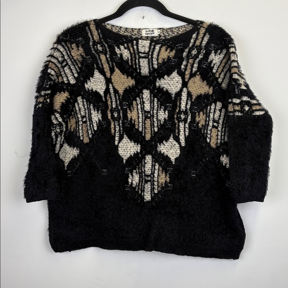 Molly Bracken Black Cream Aztec Print Eyelash Knit Fuzzy Warm/ Size M